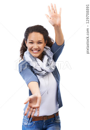 Open arms, smile and woman on a white background for advertising, copy space and marketing in studio. Creative, fashion and portrait of girl for announcement, product placement and emotion reaction Open arms, smile and woman on a white background for advertising, copy space and marketing in studio. Creative, fashion and portrait of girl for announcement, product placement and emotion reaction 129708891
