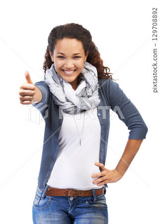 Thumbs up, success and portrait of woman in studio on a white background. Ok hand gesture, like emoji and happy female model with thumbsup for motivation, support or approval, thank you or agreement. Thumbs up, success and portrait of woman in studio on a white background. Ok hand gesture, like emoji and happy female model with thumbsup for motivation, support or approval, thank you or agreement. 129708892