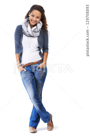 Young model, portrait and happy black woman with fashion and natural beauty in studio. White background, standing woman and young female student isolated leaning with happiness, smiling and mockup Young model, portrait and happy black woman with fashion and natural beauty in studio. White background, standing woman and young female student isolated leaning with happiness, smiling and mockup 129708893
