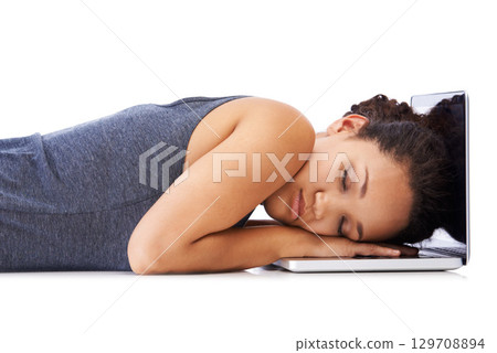 Tired, sleeping and laptop of student in studio for study depression, burnout and mental health risk. Black woman with fatigue, low energy and depressed sleep on pc while studying for university exam Tired, sleeping and laptop of student in studio for study depression, burnout and mental health risk. Black woman with fatigue, low energy and depressed sleep on pc while studying for university exam 129708894