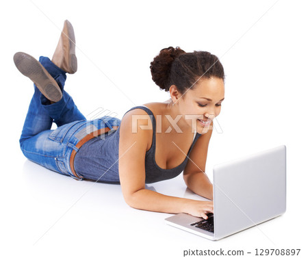 Black woman, study and laptop on a floor for research, writing and online project in studio. Education, typing and woman learning, university and internet search, creative and white background mockup 129708897