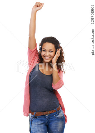 Portrait, music and woman with headphones in studio isolated on a white background mock up. Face, dance and happy female with headset streaming, listening or enjoying podcast, radio or audio song. Portrait, music and woman with headphones in studio isolated on a white background mock up. Face, dance and happy female with headset streaming, listening or enjoying podcast, radio or audio song. 129708902