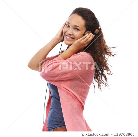 Headphones, music and portrait of woman in studio isolated on a white background mockup. Face, relax and happy female with hifi headset streaming, listening or enjoying podcast, radio or audio song. 129708905