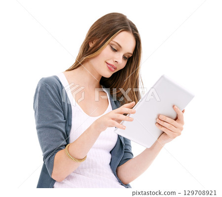 Online shopping search, tablet and typing woman scroll website for discount sales, e commerce deal or fashion choice. Digital technology, ecommerce customer and model girl on white background studio 129708921