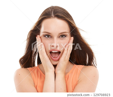 Surprised woman, hands and hairstyle portrait on isolated white background with keratin treatment deal and dye sales. Shocked model, gossip and wow face on marketing mock up for hair product brand 129708923