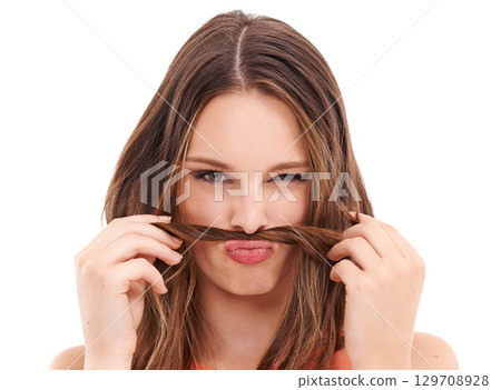 Woman, funny hair moustache portrait with natural youth beauty model in studio. White background, isolated and model with healthy hairstyle and crazy comic, silly and young face with comedy and joke 129708928