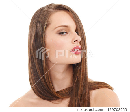 Woman, hair care portrait and skin dermatology, cosmetics skincare wellness and makeup in white background. Model, face and luxury beauty glow, keratin shampoo or salon hairdresser shine in studio Woman, hair care portrait and skin dermatology, cosmetics skincare wellness and makeup in white background. Model, face and luxury beauty glow, keratin shampoo or salon hairdresser shine in studio 129708933