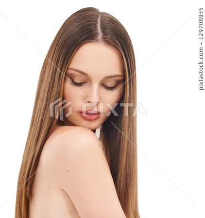 Beauty, skincare and portrait of woman with long hair and elegant make up on white background. Healthy hair, keratin and luxury cosmetics, care and beautiful brunette studio model with eyes closed. 129708935