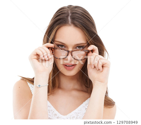 Young woman, face and hands on glasses for eye care or vision wellness in white background studio. Model, lens frame and facial portrait for optical eyeglasses, ophthalmology eyewear or eyes health 129708949