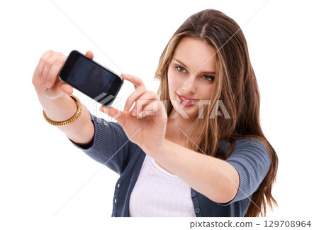 Digital phone selfie, studio and woman with cellphone memory picture for social media app, online website or social network. Mobile smartphone user, technology and model girl pose on white background Digital phone selfie, studio and woman with cellphone memory picture for social media app, online website or social network. Mobile smartphone user, technology and model girl pose on white background 129708964