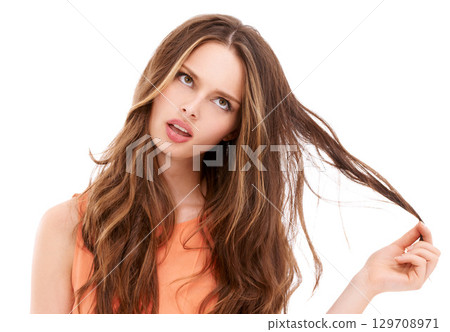 Beauty model, face or thinking on brunette hairstyle on isolated white background for keratin treatment innovation. Woman, brown hair or salon ideas for dye color goals on marketing mock up 129708971