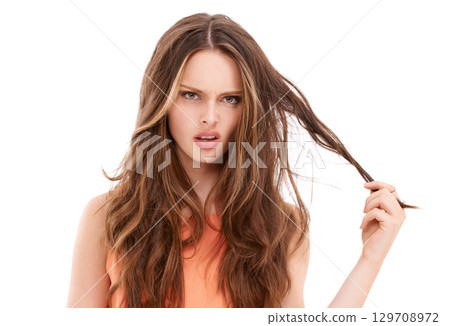 Woman portrait, stress or angry with messy hairstyle on isolated white background for split ends, keratin treatment or grooming. Confused beauty model, brunette or problem hair in hair loss marketing 129708972