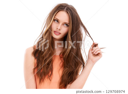 Hair, salon and portrait of woman in studio for wellness, keratin treatment and hair products. Beauty, natural aesthetic and girl on white background for cosmetics, hair care and luxury shampoo Hair, salon and portrait of woman in studio for wellness, keratin treatment and hair products. Beauty, natural aesthetic and girl on white background for cosmetics, hair care and luxury shampoo 129708974