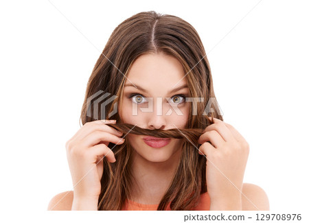 Hair moustache, funny and comic woman portrait with natural beauty with happiness in studio. White background, isolated and model with healthy hair care with crazy comedy, silly and young face Hair moustache, funny and comic woman portrait with natural beauty with happiness in studio. White background, isolated and model with healthy hair care with crazy comedy, silly and young face 129708976