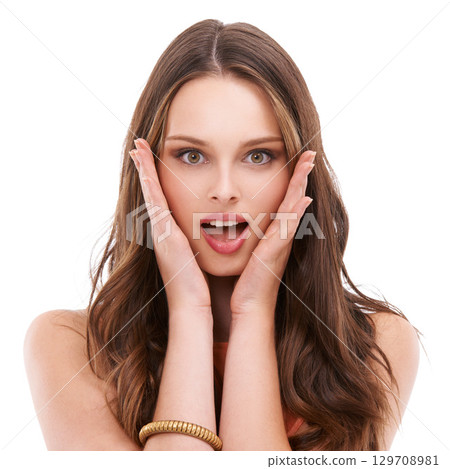Surprise, wow and face portrait of woman shocked over winning discount makeup, skincare glow or cosmetics sales deal. Facial expression, winner and studio headshot of model girl on white background 129708981