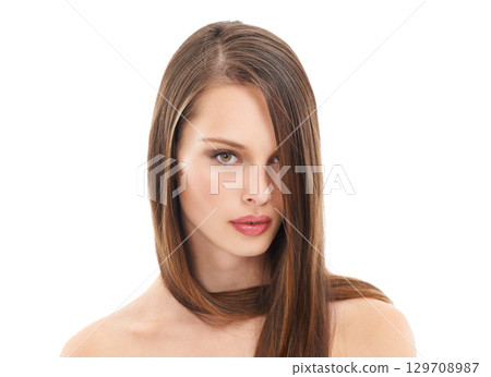 Woman, beauty portrait and hair care dermatology, cosmetics skincare wellness and makeup in white background. Model, face and luxury skin care, keratin hair glow or salon hairdresser shine in studio 129708987