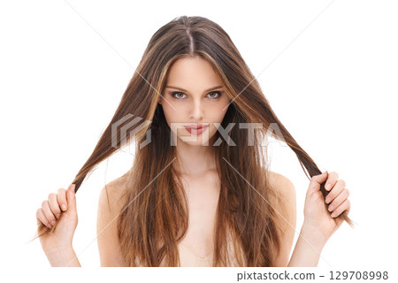 Beauty, hair and portrait a woman with makeup, cosmetics and shampoo product results for shine and growth. Female model on white background for hairdresser, skin care and salon advertising in studio 129708998