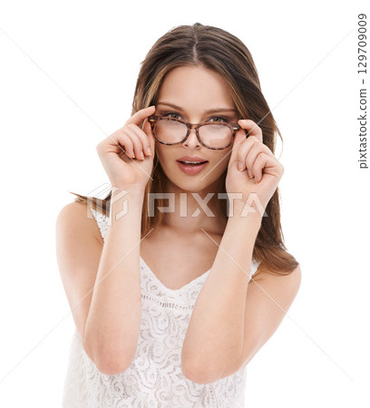 Young woman, glasses portrait and eyes care or wellness in white background studio for vision. Young model, hands on lens frame and face for optical eyeglasses, ophthalmology eyewear or eye care 129709009