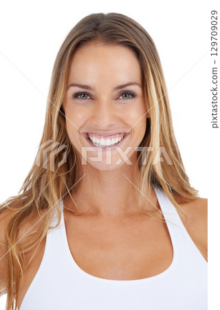 Happy, smile and portrait of a woman model with natural beauty and white background. Happiness, smiling face and beautiful person alone with mock up in a studio feeling positive with skin glow 129709029