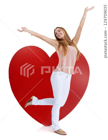 Heart graphic, valentine love portrait and woman happy with freedom and excited feeling. Model, isolated white background and beautiful young person with happiness and dancing joy with mockup 129709035