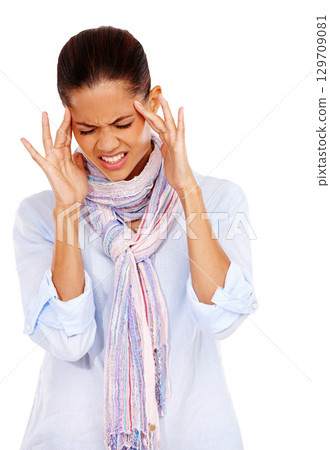 Woman, headache and stress or pain while frustrated with anxiety, depression and burnout or mental health. Face of a female feeling fatigue, sick or brain fog problem isolated on a white background 129709081