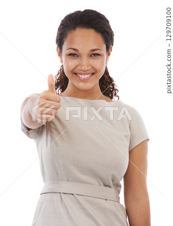 Thumbs up, satisfaction and studio portrait of black woman with emoji gesture for congratulations, job well done or winner. Agreement, finished and happy girl with yes hand sign on white background Thumbs up, satisfaction and studio portrait of black woman with emoji gesture for congratulations, job well done or winner. Agreement, finished and happy girl with yes hand sign on white background 129709100