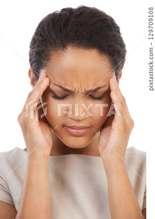 Headache, business woman and stress of a model face feeling anxiety and job burnout. White background, isolated and black woman with fatigue from work, overtime and corporate tax job problem 129709108