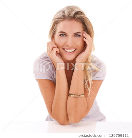 Portrait, beauty and fashion with a model woman in studio on a white background for skincare or style. Face, luxury and wellness with an attractive young female posing to promote a natural product Portrait, beauty and fashion with a model woman in studio on a white background for skincare or style. Face, luxury and wellness with an attractive young female posing to promote a natural product 129709111