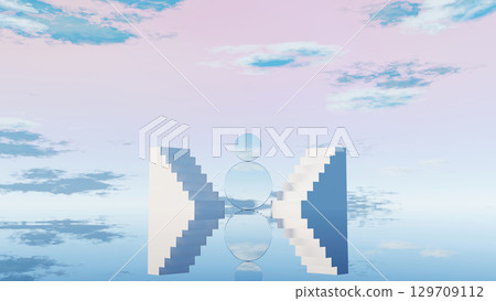 3D render giant circular mirror sculpture on pink sand 3D render giant circular mirror sculpture on pink sand 129709112