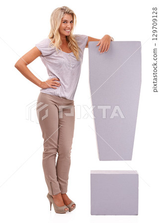 Portrait, exclamation mark and grammar with a model woman in studio on a white background for an announcement or important news. Attention, exclamation and importance with a female standing indoor Portrait, exclamation mark and grammar with a model woman in studio on a white background for an announcement or important news. Attention, exclamation and importance with a female standing indoor 129709128