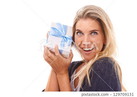 Gift box, wonder and studio face of woman with surprise birthday present, luxury sales product or Christmas gift box. Shopping mock up, ribbon and happy model girl isolated on mockup white background 129709131