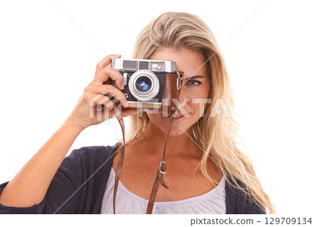 Photographer, face portrait and woman with camera for vintage photo shooting, picture memory or lens photoshoot. Retro digital photography, paparazzi girl and studio model smile on white background 129709134