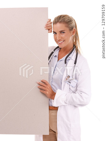 Mockup portrait, doctor and woman with poster, placard or billboard for marketing, advertising or product placement. Studio sign, banner space or sales girl with promotion mock up on white background 129709159
