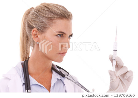 Doctor, serious face and syringe thinking for healthcare wellness, vitamins or medical drugs in white background. Nurse, pharmaceutical medicine and injection for plastic surgery isolated in studio Doctor, serious face and syringe thinking for healthcare wellness, vitamins or medical drugs in white background. Nurse, pharmaceutical medicine and injection for plastic surgery isolated in studio 129709160