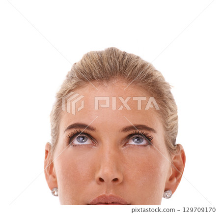 Mockup, thinking and up with a woman in studio on a white background for an advertising or marketing idea. Beauty, mock up and think with an attractive young female looking at product placement space Mockup, thinking and up with a woman in studio on a white background for an advertising or marketing idea. Beauty, mock up and think with an attractive young female looking at product placement space 129709170