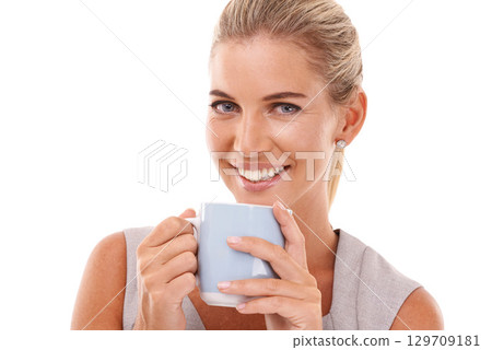 Business woman, portrait or drinking coffee on isolated white background in recruitment ideas, innovation or vision. Smile, happy or corporate worker with tea cup, human resources goals or hr mockup Business woman, portrait or drinking coffee on isolated white background in recruitment ideas, innovation or vision. Smile, happy or corporate worker with tea cup, human resources goals or hr mockup 129709181
