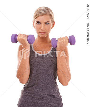 Woman, studio portrait and dumbbells for fitness, muscle development and health by white background. Weightlifting model, focus face and isolated for training, workout and exercise with body goals Woman, studio portrait and dumbbells for fitness, muscle development and health by white background. Weightlifting model, focus face and isolated for training, workout and exercise with body goals 129709184