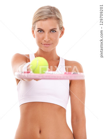 Tennis studio portrait, woman and racket with smile for health, sports and vision by white background. Happy tennis player, fitness and tennis ball with isolated focus for training, wellness or goal Tennis studio portrait, woman and racket with smile for health, sports and vision by white background. Happy tennis player, fitness and tennis ball with isolated focus for training, wellness or goal 129709201