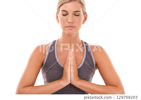 Yoga meditation, zen and relax woman meditate for pilates healthcare, spiritual soul aura or chakra energy healing. Namaste wellness, mindset peace and model mindfulness on white background studio Yoga meditation, zen and relax woman meditate for pilates healthcare, spiritual soul aura or chakra energy healing. Namaste wellness, mindset peace and model mindfulness on white background studio 129709203
