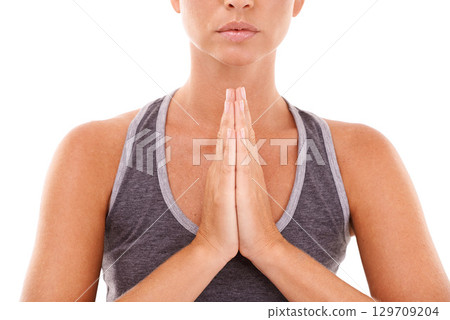 Yoga meditation, hands and relax woman meditate for pilates healthcare, spiritual soul aura or chakra energy healing. Namaste breath, zen mindset peace or model mindfulness on white background studio Yoga meditation, hands and relax woman meditate for pilates healthcare, spiritual soul aura or chakra energy healing. Namaste breath, zen mindset peace or model mindfulness on white background studio 129709204
