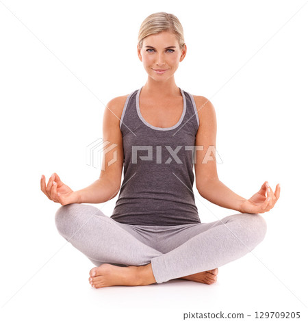 Yoga meditation, happy and portrait of woman meditate for pilates healthcare, spiritual soul aura or chakra energy healing. Lotus, zen mindset peace and model mindfulness on white background studio Yoga meditation, happy and portrait of woman meditate for pilates healthcare, spiritual soul aura or chakra energy healing. Lotus, zen mindset peace and model mindfulness on white background studio 129709205