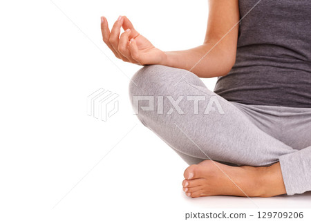 Yoga meditation, wellness and relax woman meditate for chakra energy healing, spiritual soul aura or pilates mock up. Lotus mockup, zen mindset peace and model mindfulness on white background studio 129709206