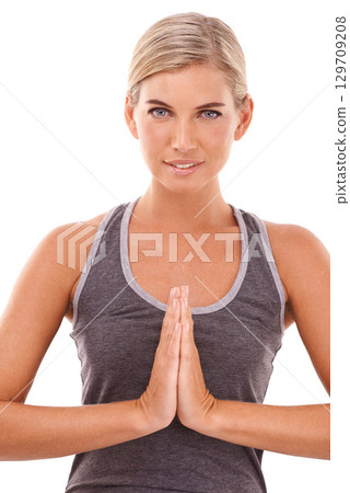 Yoga meditation, fitness and portrait of woman meditate for healthcare, spiritual soul aura or chakra energy healing. Namaste, zen mindset peace and relax model mindfulness on white background studio 129709208