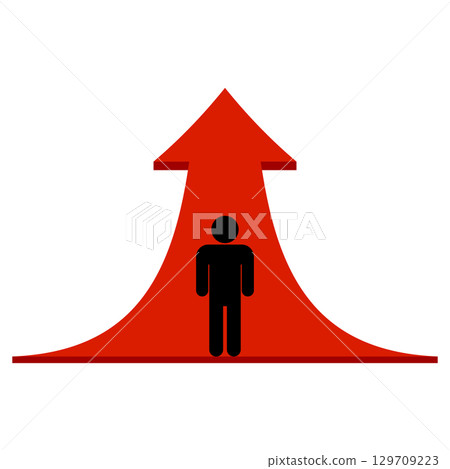 Man Moving Forward with Growth Arrow Vector Illustration. A black human silhouette standing inside a large red upward arrow. The arrow symbolizes progress, growth, career success, ambition. Man Moving Forward with Growth Arrow Vector Illustration. A black human silhouette standing inside a large red upward arrow. The arrow symbolizes progress, growth, career success, ambition. 129709223
