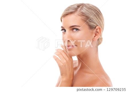 Dermatology, calm beauty and portrait of woman relax about skincare and spa skin glow. White background, hand and wellness mockup of a model peaceful about facial care and face skin care in studio 129709235