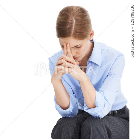 Corporate worker, hands or stress headache on isolated white background in mental health or anxiety burnout. Thinking business woman, worried or employee in company investment or financial tax crisis 129709236