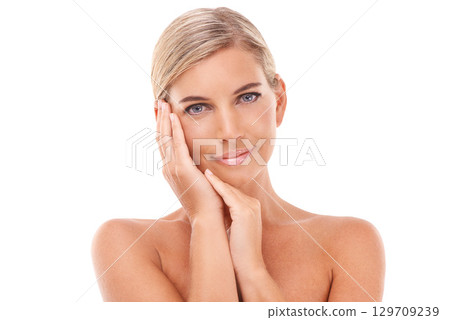 Cosmetic, skin treatment and portrait of a young woman calm about skincare and natural face glow. White background, hands and beauty of a model happy about facial care and skin care in studio 129709239
