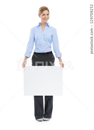 Poster, banner and happy business woman portrait with space, billboard or mockup for advertising. Female with brand announcement, product placement or signage for logo on isolated white background Poster, banner and happy business woman portrait with space, billboard or mockup for advertising. Female with brand announcement, product placement or signage for logo on isolated white background 129709252