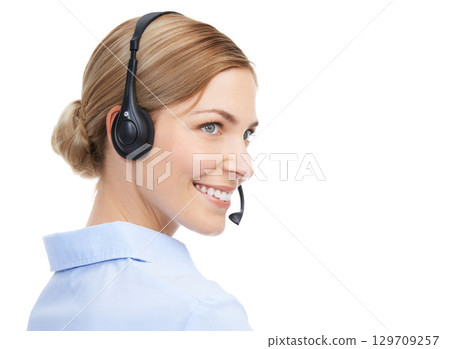 Face, call center and customer service of woman in studio isolated on white background mock up. Crm, thinking and smile of happy female telemarketing worker, consultant or sales agent from Canada. 129709257