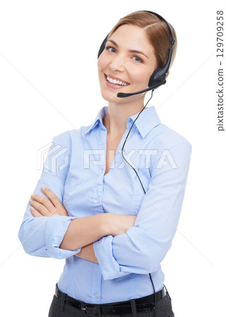 Portrait, customer service and woman at call center in studio isolated on a white background. Face, contact us and smile of happy female telemarketing worker, consultant or sales agent from Canada. Portrait, customer service and woman at call center in studio isolated on a white background. Face, contact us and smile of happy female telemarketing worker, consultant or sales agent from Canada. 129709258